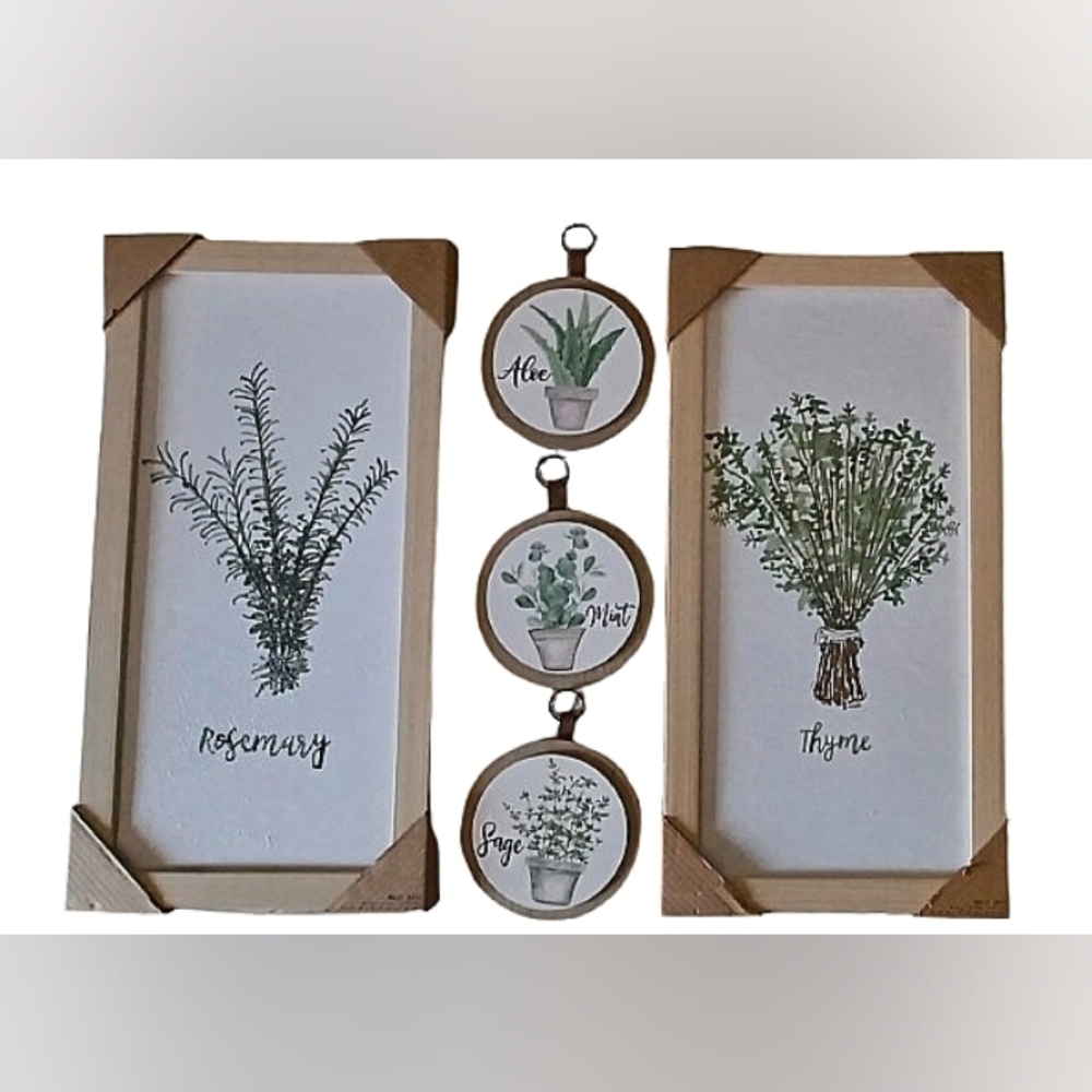 Herb Wall Art Set with Wooden Frames 5 Pc Home Decor Style